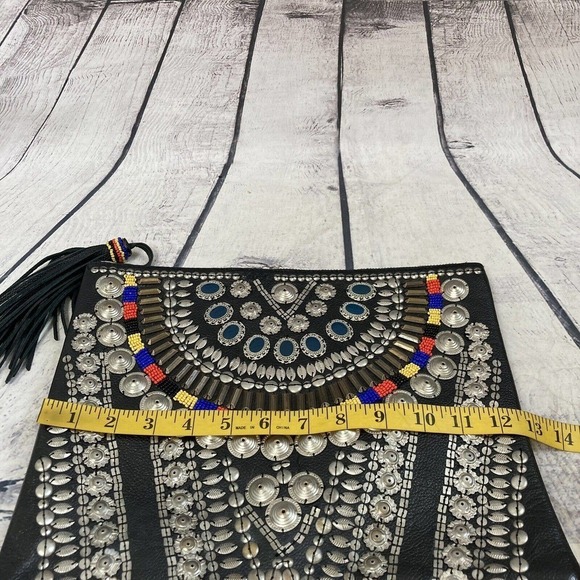 Cleobella Clutch embellished Black Leather Tassel Closure 12 X 10‎ Boho - Picture 5 of 16